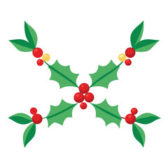 Stylized Holly Sprigs Forming Cross Shape, Red Berries and Green Leaves Illustration