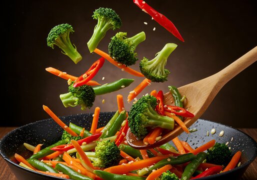 Stir-fried vegetables being tossed