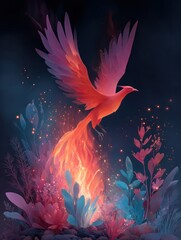 Phoenix rising from vibrant flora