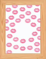 Pink lips print pattern in wooden frame