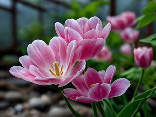 Pink tulips in a greenhouse
