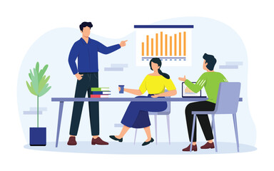 Business team concept. Business meeting, flat people on presentation conference illustration. A group of diverse people leading a discussion at a table near a whiteboard with charts and graphs. 