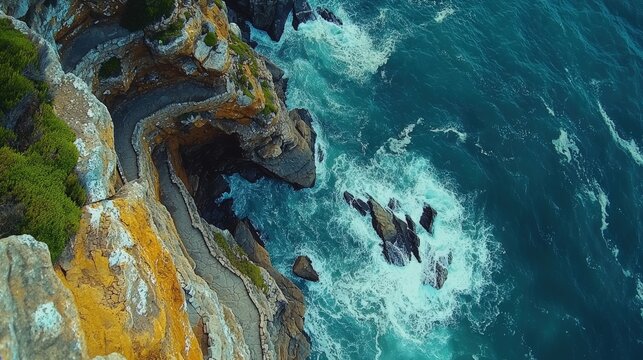 Scenic coastal view with winding path and crashing waves