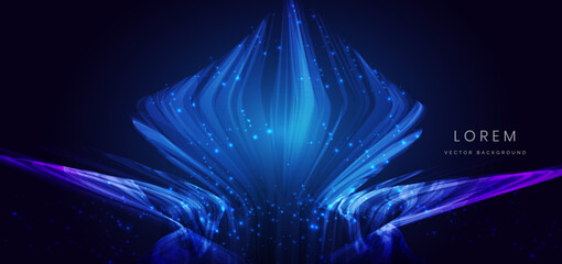Technology blue glowing wave lines with lighting effect and sparkle on dark blue background.