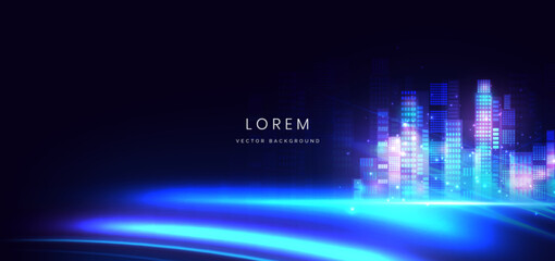 Smart city night skyscrapers on dark blue background.