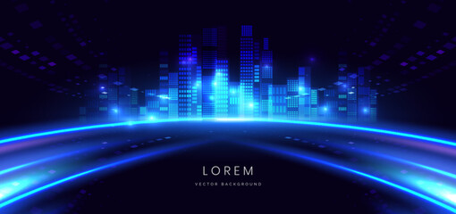 Smart city night skyscrapers on dark dark background with lighting effect.