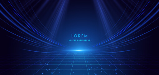 Scence futuristic glowing blue neon light ray with speed motion moving on dark blue background.