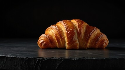 Golden-brown croissant rests on dark slate surface, showcasing flaky layers and rich texture.