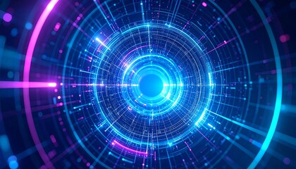 Futuristic tunnel with glowing blue and pink lines, creating a sense of depth and technological advancement