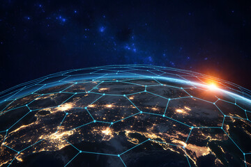 Global network connection spanning Earth with digital grid overlay and starry sky