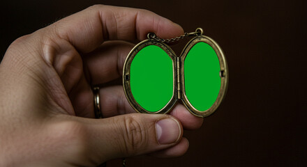 A close-up shot of a hand holding an open vintage bronze locket with two empty green screen frames ready for content insertion