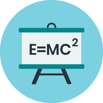Illustration of a whiteboard displaying Einstein's famous equation E=MC^2, set against a light blue circular background.