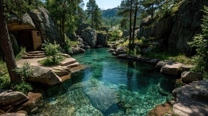 Crystal-clear pool nestled in rocky alpine setting