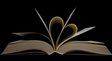 Open Book with Heart-Shaped Pages on Black Background, Representing Love for Literature and Learning