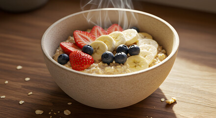 Steaming Bowl of Healthy Oatmeal with Fresh Fruit: Strawberries, Blueberries & Banana Slices on Wood