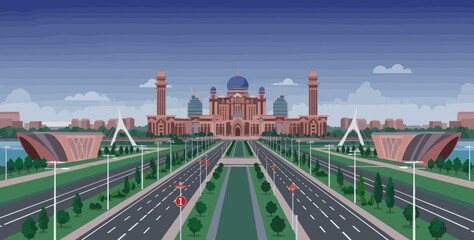 The image showcases modern architecture, national pride, and the country's development.