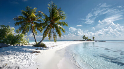 Tropical Paradise: Pristine White Sand Beach Adorned with Swaying Palm Trees for Ultimate Relaxation