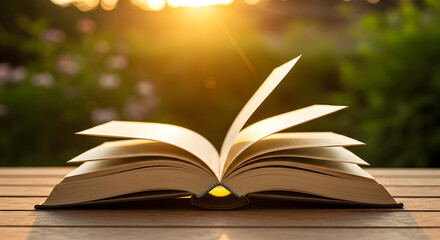Open book with fanned pages on wooden table outdoors, bathed in warm golden hour sunlight