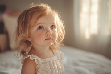 Cute toddler girl playing indoors in her bedroom, embodying the innocence and curiosity of early childhood, Generative AI