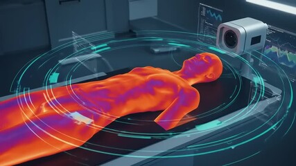 Futuristic medical examination of a human figure with digital overlays in a high-tech lab setting - Powered by Adobe