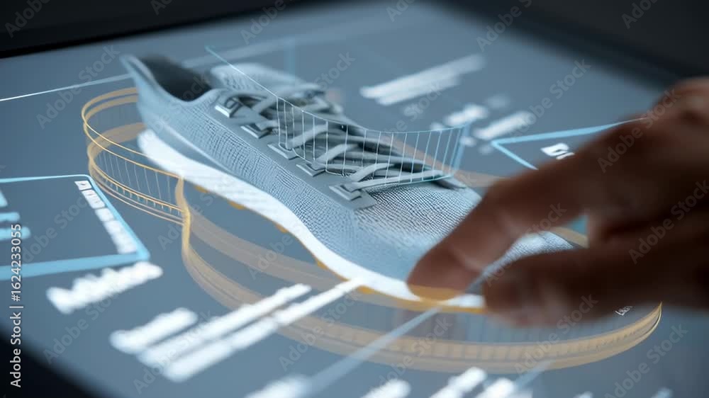 Poster futuristic e-commerce interaction with shoe display on touchscreen interface