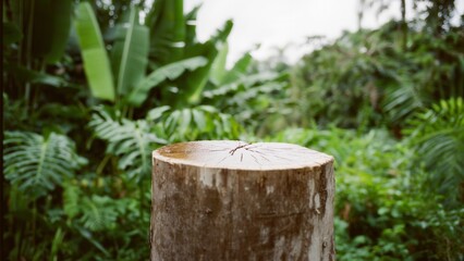 Wooden Tree Stump in Lush Green Environment