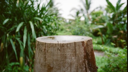 Wooden Tree Stump in Lush Green Environment
