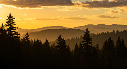 Golden Sunset Silhouettes Evergreen Forest and Layered Mountains. Serene, Atmospheric Landscape at Dusk.