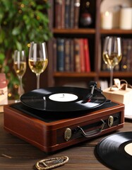 Retro turntable with wine glasses and books
