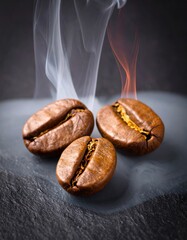 Roasted coffee beans, smoke, and fire