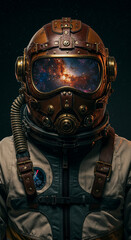 A close-up portrait of a person in a detailed steampunk-style astronaut helmet with a cosmic nebula visible through the faceplate