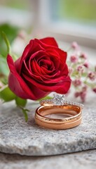 Romantic rose and rings on stone