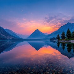 Serene mountain lake sunrise reflection (1)