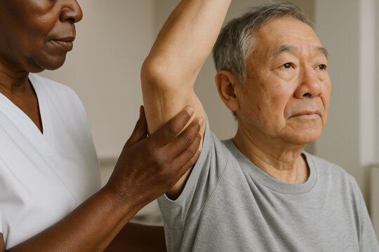 Senior man receiving professional physical therapy assistance for shoulder mobility and rehabilitation exercise evaluation