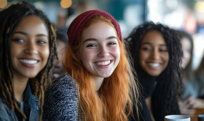 Happy diverse group of female friends of different races and ethnicities laughing and bonding in a cafe, embodying inclusivity and friendship, Generative AI
