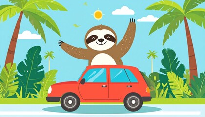 Sloth in car, tropical scene