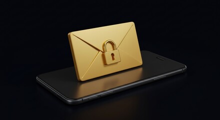 Secure email on mobile phone concept for data protection and privacy with golden envelope and padlock icon