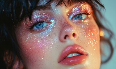 Close-up of a fashionable, messy glitter makeup aesthetic look, representing bold creativity and personal expression, Generative AI
