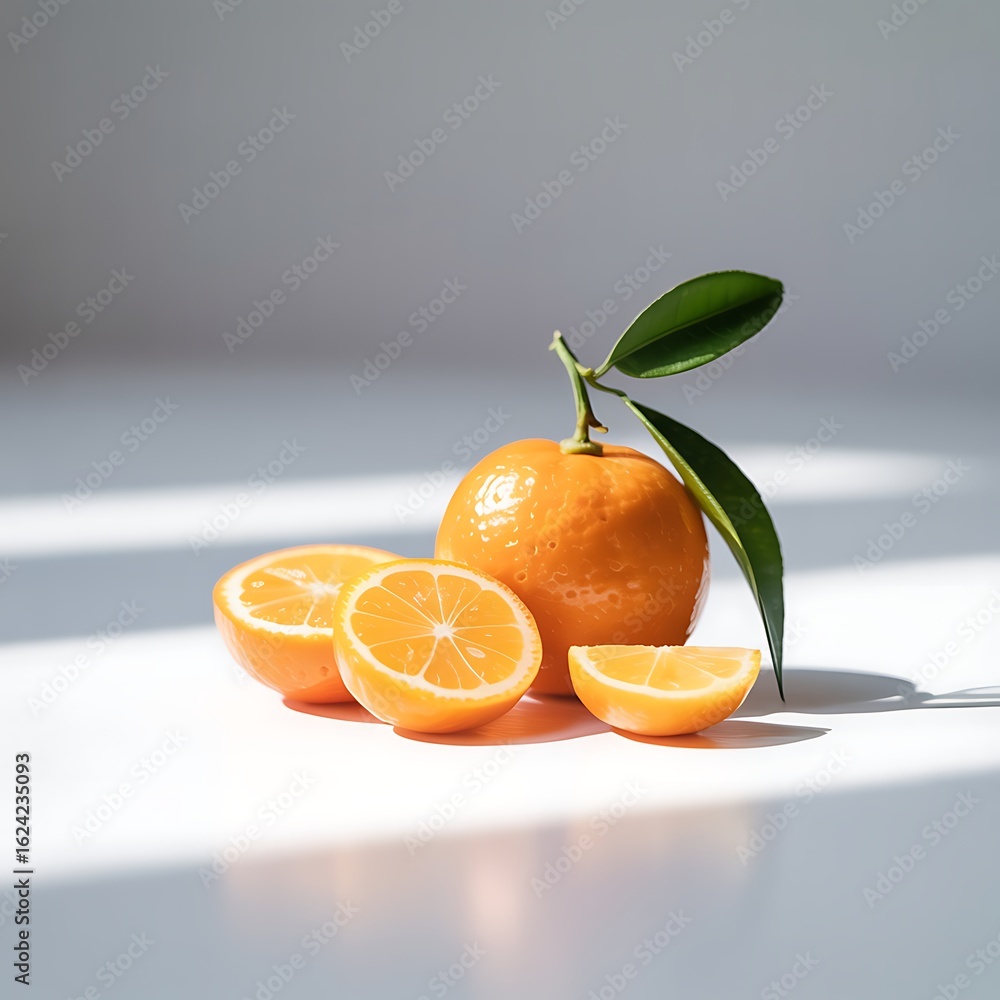 Poster whole orange with halved oranges and a segment with green leaves on a white surface with sunlight sh