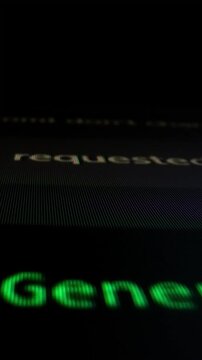 Closeup macro shot movement of coding script moving across LED screen with real-time AI-generated typing, showcasing advanced AI learning in optimization, debug and coding for software development.