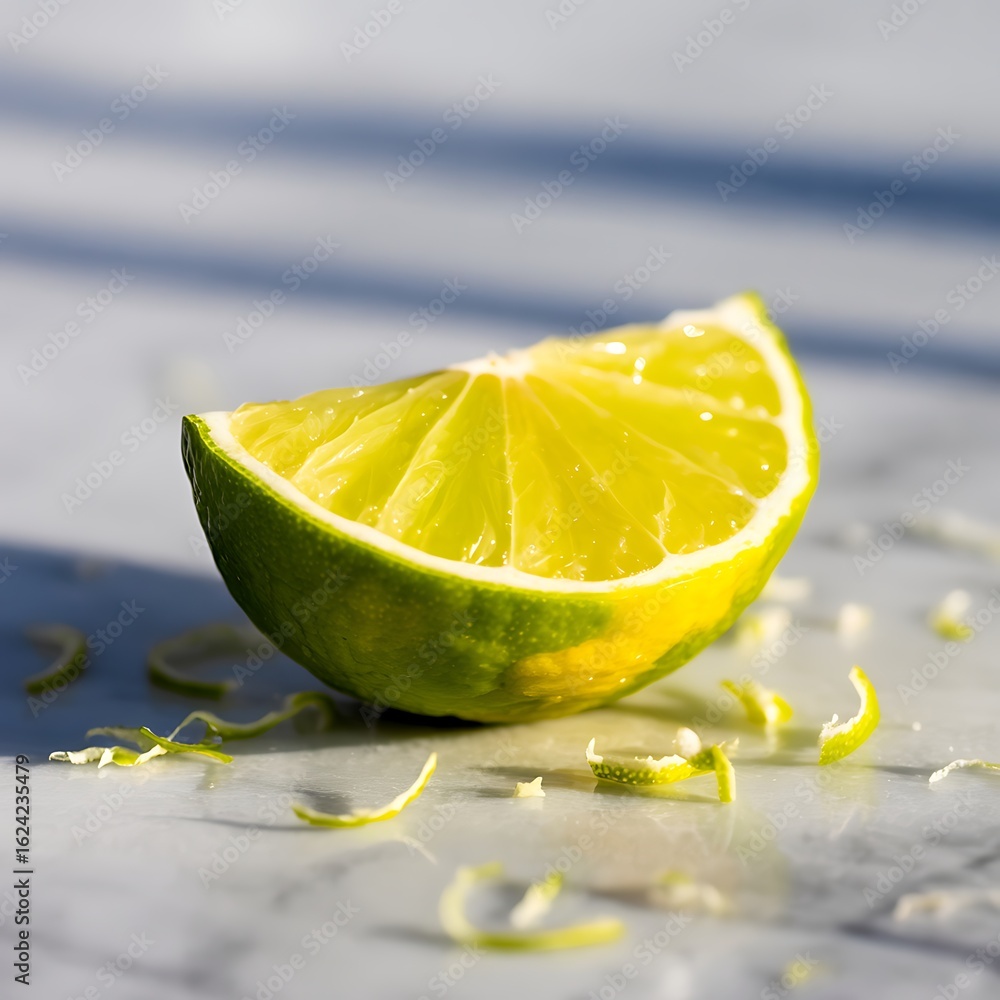 Poster a slice of lime with curled zest on a marble surface with sunlight shadows limes citrus
