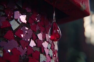 A vibrant red drop hangs from a weathered, mosaic column