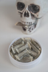 Skull Chewing Tobacco on a White Table.