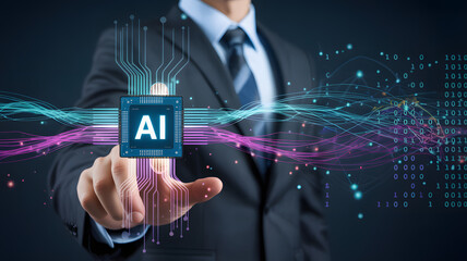 Businessman interacts with AI chip, visualizing data flow and future technology integration