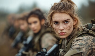 Young group of female army soldiers in action, showcasing strength, determination, and camaraderie in the military, Generative AI