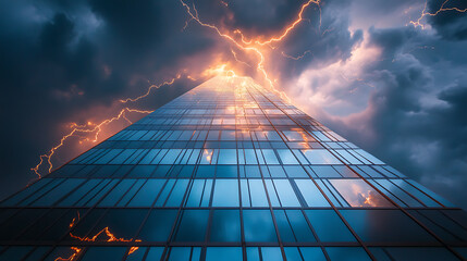 Forked lightning branching out before striking a glass building, reflections shimmering with electric intensity 