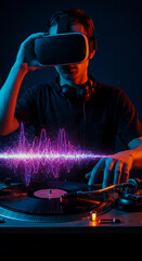A male DJ with VR glasses and headphones is scratching a vinyl on a turntable with an illuminated sound wave effect