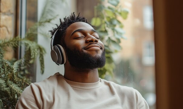 Happy candid black student listening to music at the window, promoting wellness and mental health in university, with a focus on stress relief and relaxation, Generative AI