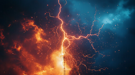 Close-up of lightning impact on a metal antenna, electric arcs exploding in all directions with detailed atmospheric glow 