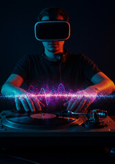 A male DJ with VR glasses and headphones is scratching a vinyl on a turntable with an illuminated sound wave effect